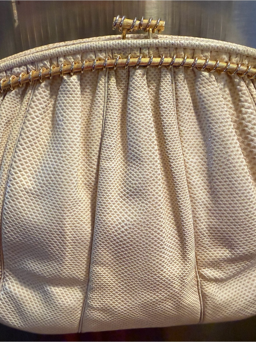 Judith Leiber Cream Pleated Clutch with Gold Coil Accent
